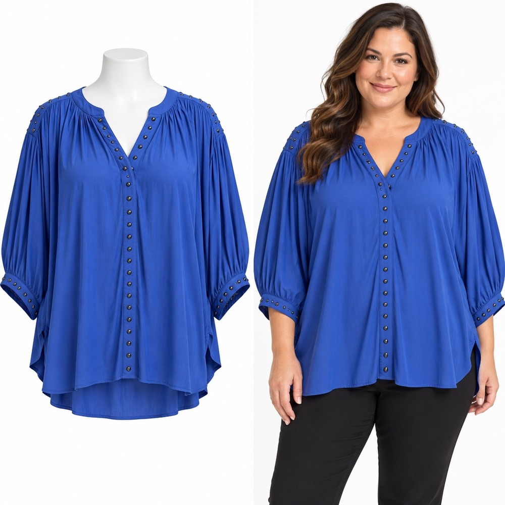 Chicos Blouse Women Large 2 Blue Boho Studded V-Neck Dolman Sleeve Oversized Top